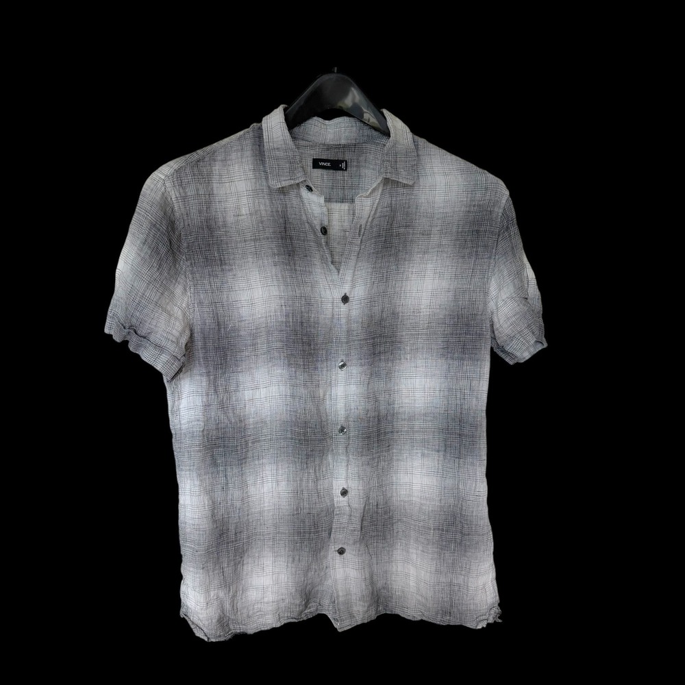 Vince Grey White Ombre Shadow Plaid 100% Linen Short Sleeve Button Down Shirt‎ M